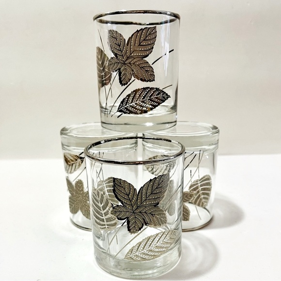 Libbey Other - Libby MCM VTG Barware Rocks Glasses Set of 4 Tumblers Embossed Silver Leaves Rim